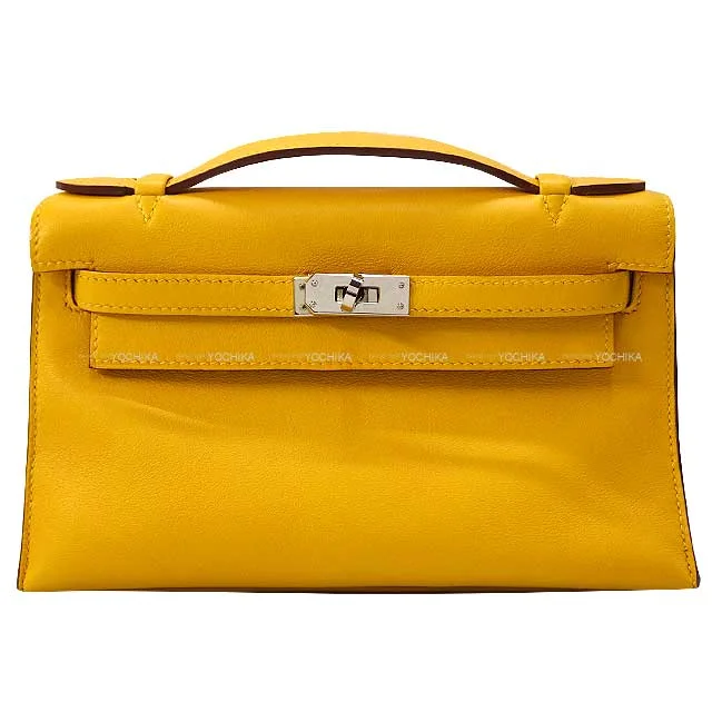 HERMES Handbag Pochette Kelly Jaune d'Or Veau Swift Silver HW Stamp □M[EXCELLENT][Authentic]