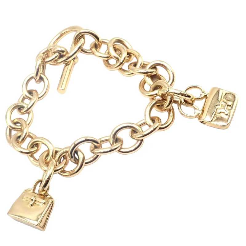 Authentic! Hermes 18k Yellow Gold Heavy Link Toggle With Two Charms Bracelet