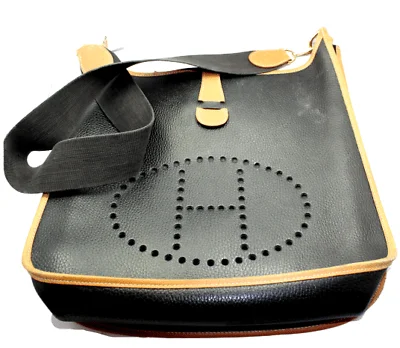 Authentic! Hermes Evelyne Black + Brown Trim Leather GM Handbag Purse