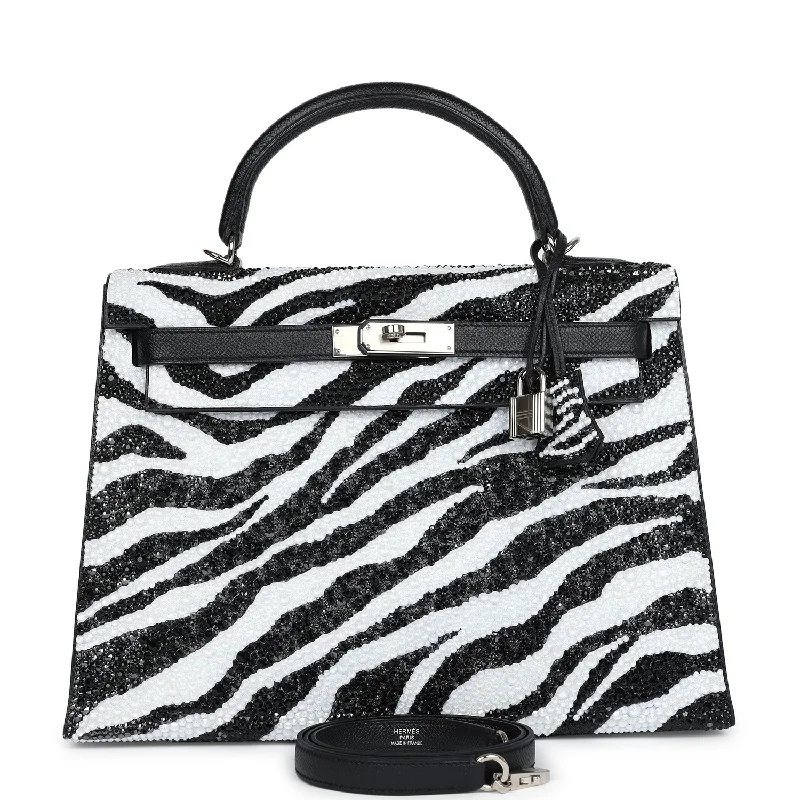 Custom Zebra Swarovski Crystal Hermes Kelly Sellier 32 Black Epsom Palladium Hardware