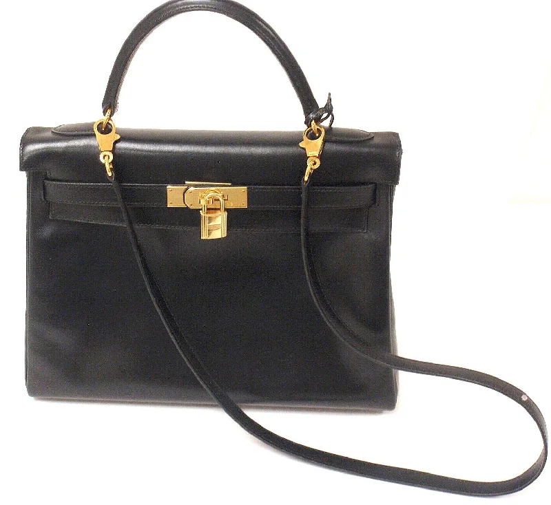 GREAT CONDITION HERMES 32CM BLACK BOX LEATHER SHOULDER KELLY HANDBAG, YEAR 1998