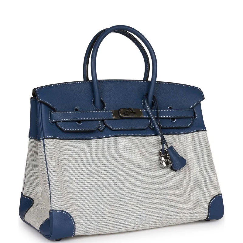 Hermes Birkin 35 Bleu Brighton Clemence and Toile H Ruthenium Hardware