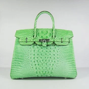 Hermes Birkin 35cm Crocodile Head Veins Handbags Green Silver