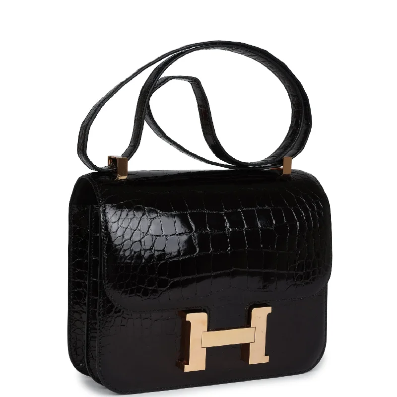 Hermes Constance 24 Black Shiny Alligator Rose Gold Hardware