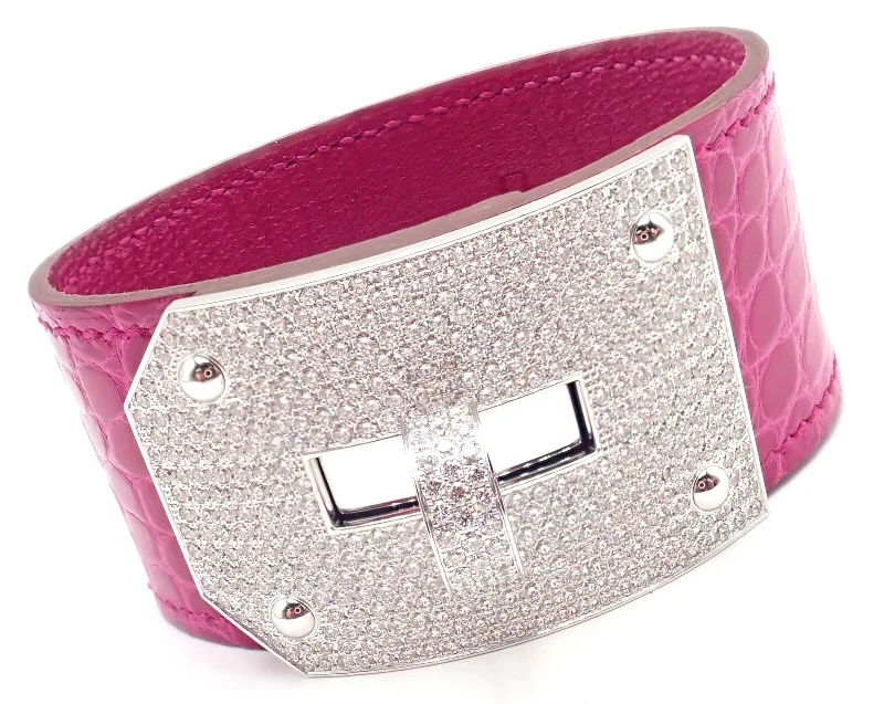 Hermes Kelly 18k White Gold Diamond Fuchsia Crocodile Wide Cuff Bracelet Box