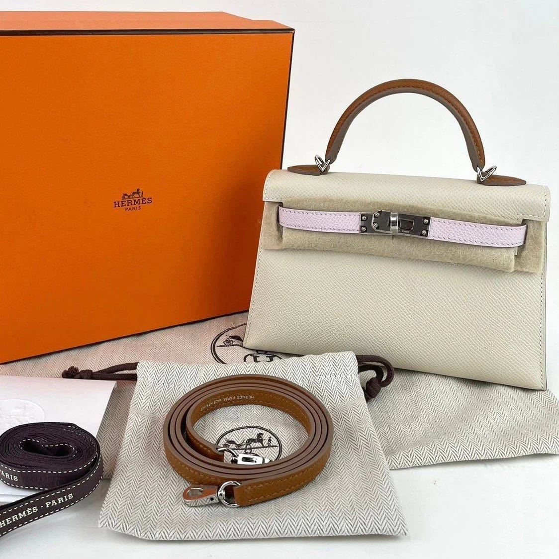 Hermès Kelly 20 Tricolour Craie / Mauve Pale / Gold Epsom PHW #B SKCB-088923