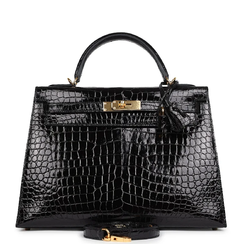 Hermes Kelly Sellier 32 Black Shiny Porosus Crocodile Gold Hardware