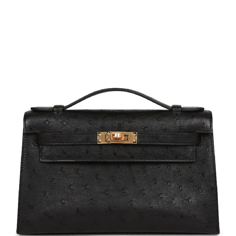 Hermes Kelly Pochette Black Ostrich Gold Hardware