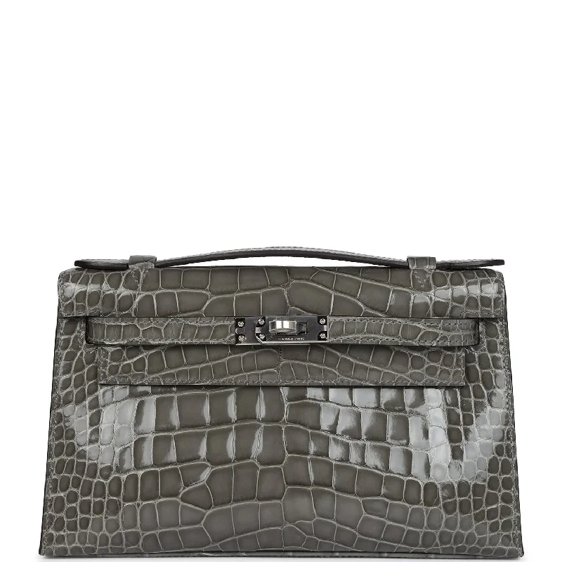 Hermes Kelly Pochette Gris Ciment Shiny Alligator Palladium Hardware