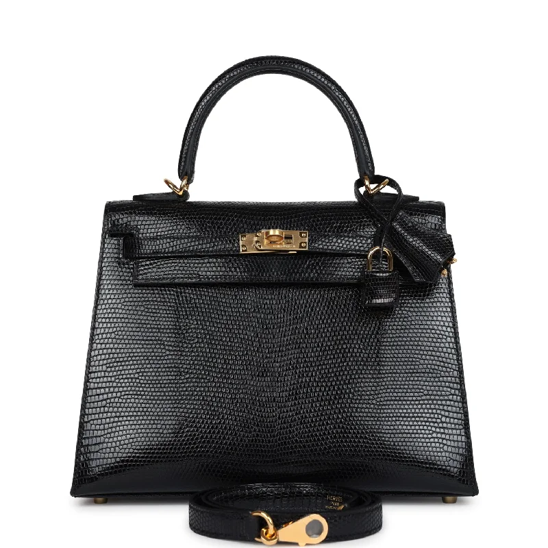 Hermes Kelly Sellier 25 Black Varanus Niloticus Lizard Gold Hardware