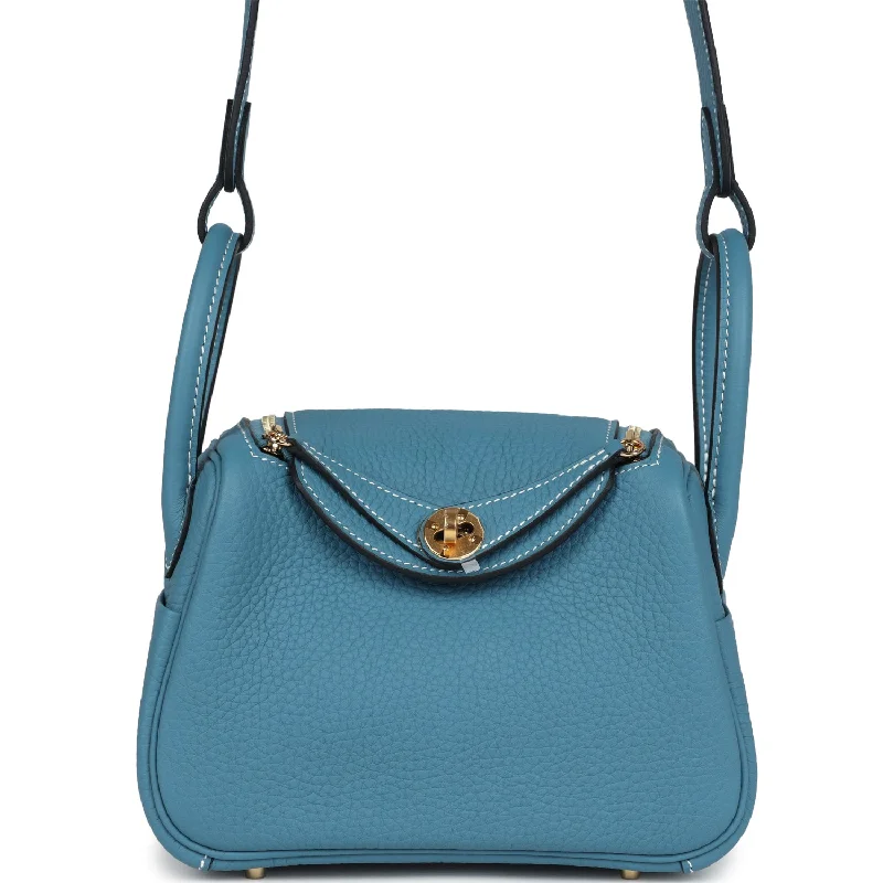 Hermes Mini Lindy Blue Jean Clemence Gold Hardware