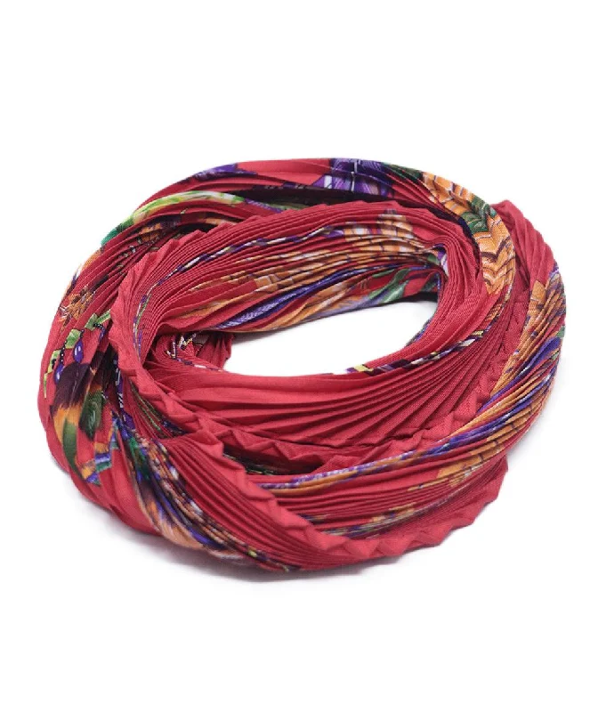 Hermes Red & Multi Print Pleated Scarf