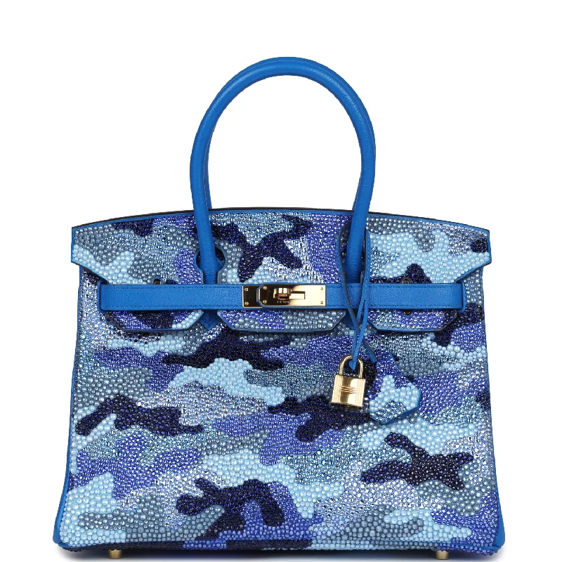 Custom Camouflage Swarovski Crystal Hermes Special Order (HSS) Birkin 30 Bleu Hydra Chevre Gold Hardware