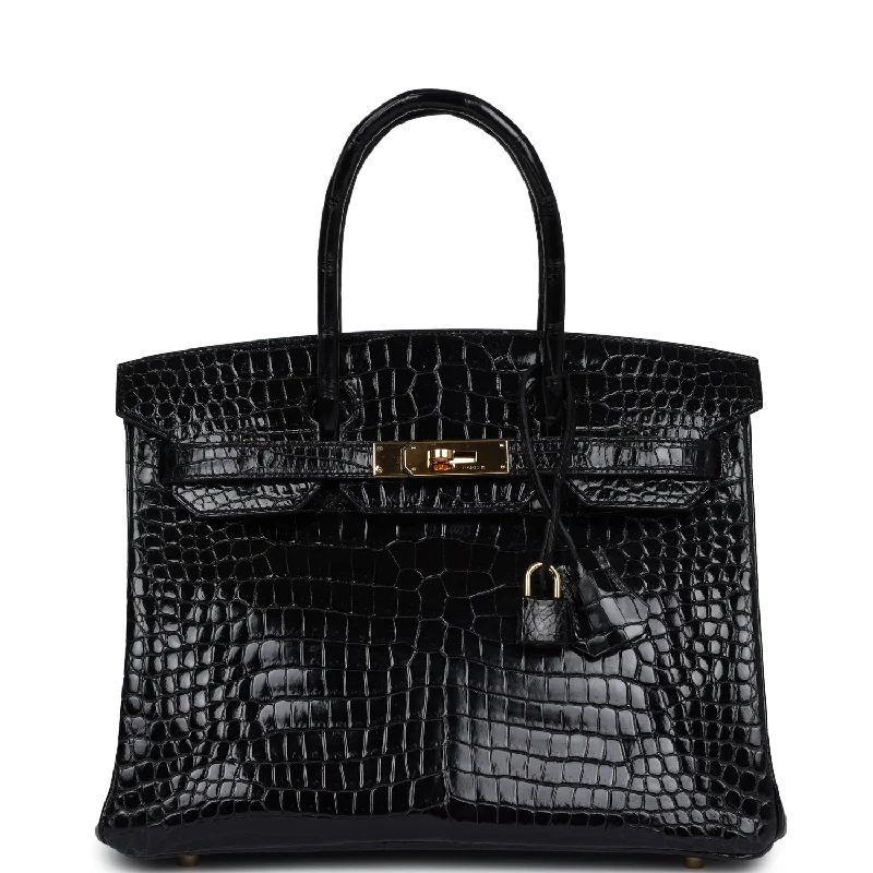 Pre-owned Hermes Birkin 30 Black Shiny Porosus Crocodile Gold Hardware