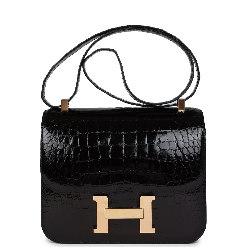 Pre-owned Hermes Constance 24 Black Shiny Alligator Rose Gold Hardware