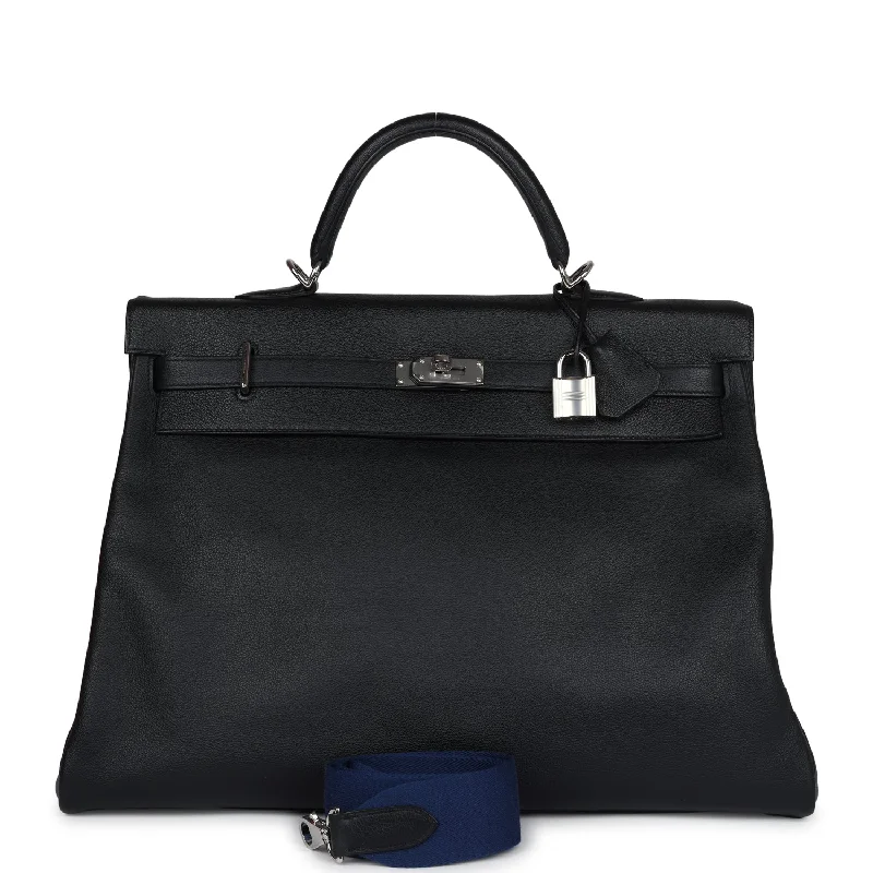 Pre-owned Hermes Kelly Voyage 50 Black Evercolor Palladium Hardware