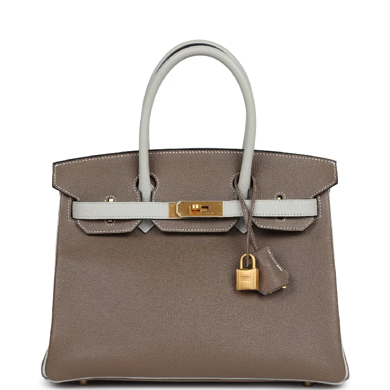 Pre-owned Hermes Special Order (HSS) Birkin 30 Etoupe and Gris Perle Chevre Brushed Gold Hardware