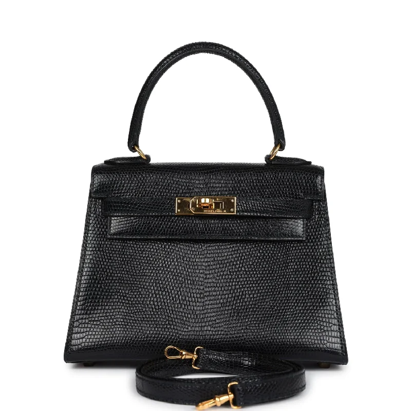 Vintage Hermes Kelly Sellier 20 Black Varanus Salvator Lizard Gold Hardware