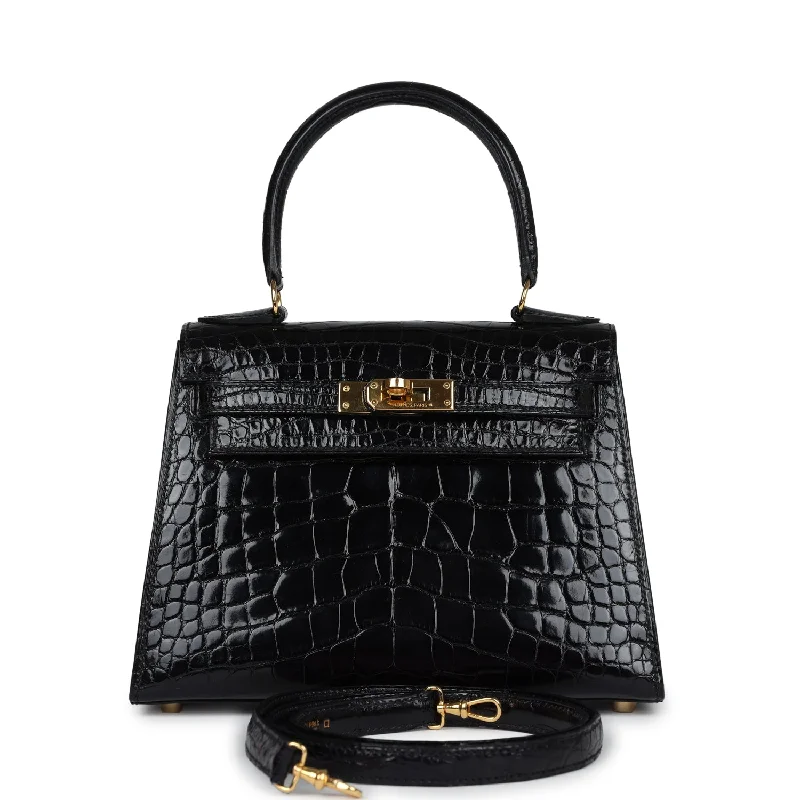 Vintage Hermes Kelly Sellier 20 Black Shiny Alligator Gold Hardware