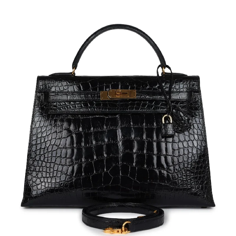 Hermes Vintage Kelly Sellier 32 Black Shiny Alligator Gold Hardware